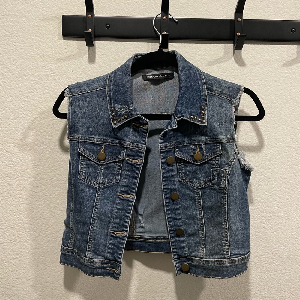 Distressed Denim Vest with Studs
